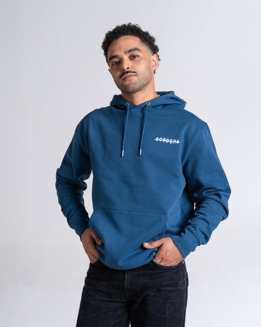 Hoodie «Borders» Petrol, Vorderseite, am Model getragen