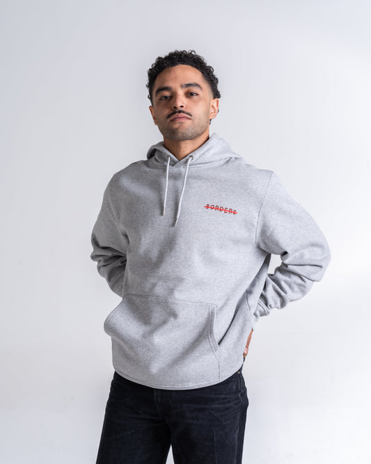 Hoodie «Borders» Hellgrau meliert, Vorderseite, am Model getragen
