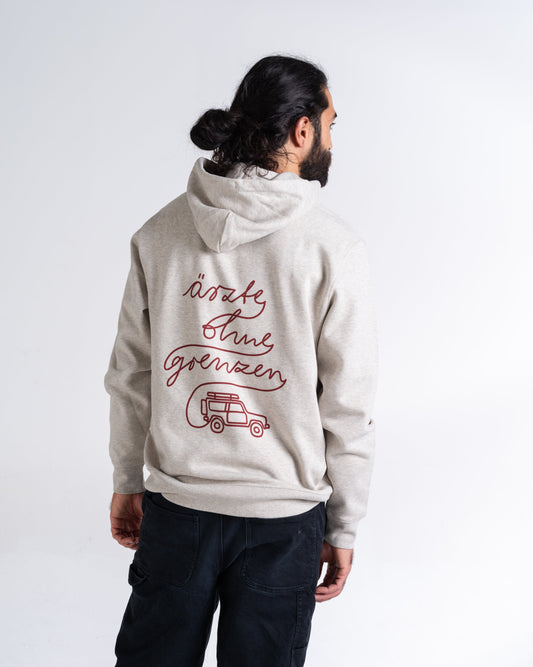 Hoodie «Unterwegs» Creme meliert, Rückseite, am Model getragen