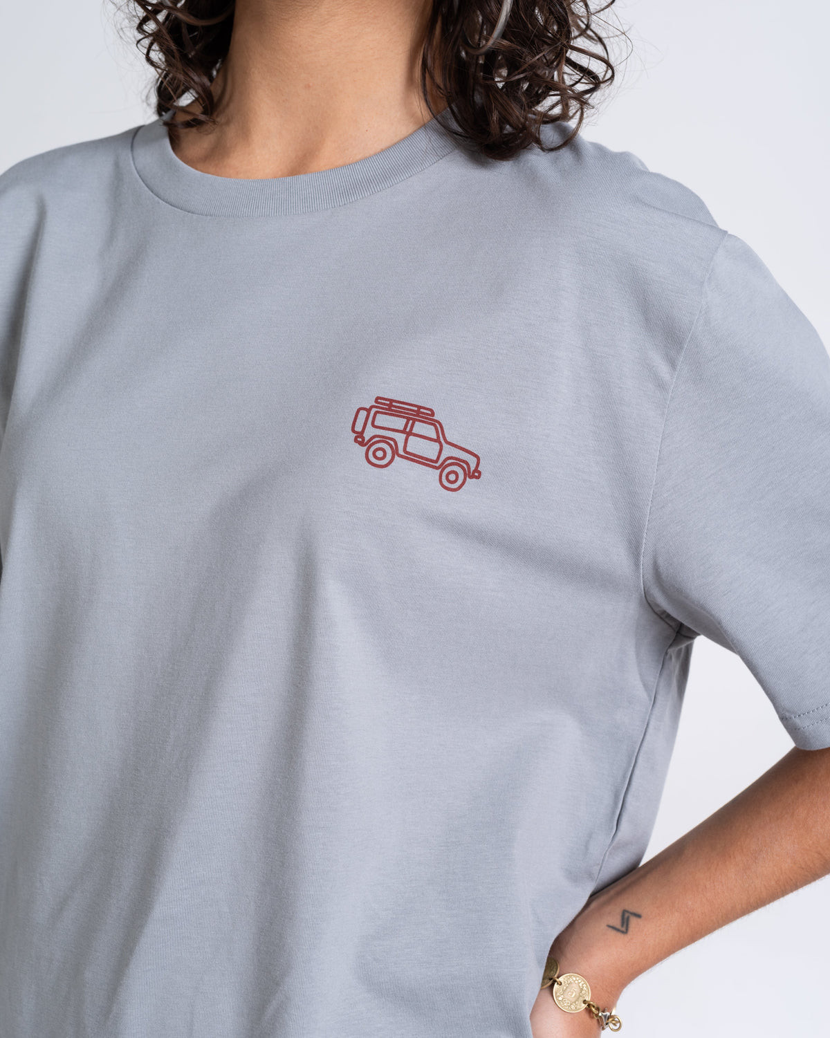 T-Shirt «Unterwegs» Nebelgrau: Detail des Motivs