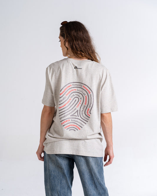 T-Shirt «Unique by nature» Creme meliert, Rückseite, am Model getragen